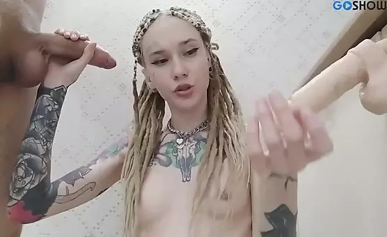 Inked Babe Delights with Real Cock Dildo Pleasure